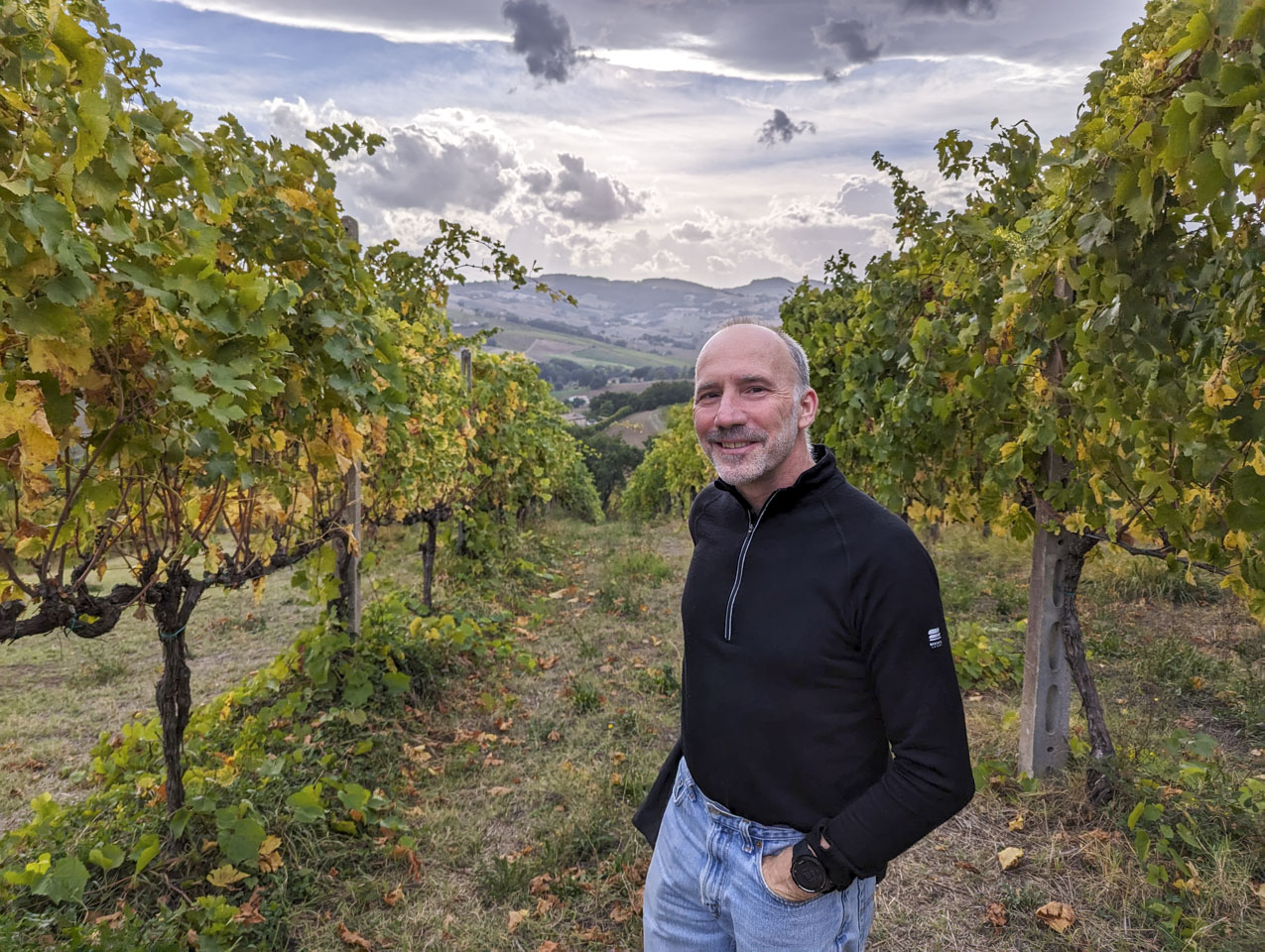 Paul standing between rows of grape vines