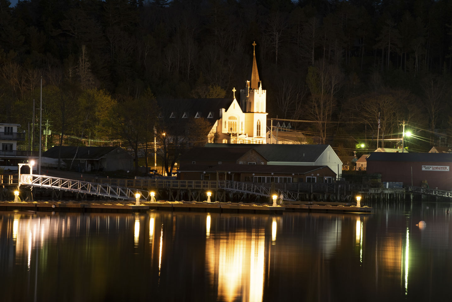 Church in Boothbay Harbor at night