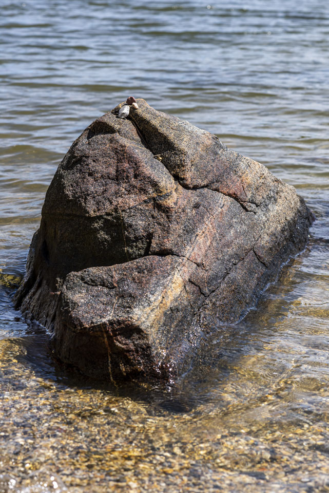 A few pebbles of different colors on a larger red rock.