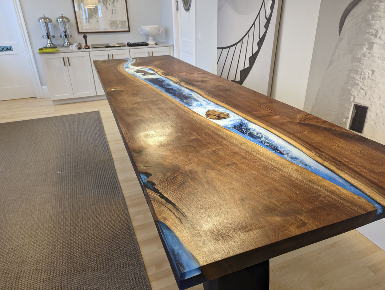 Custom table of wood and resin at Topside Inn