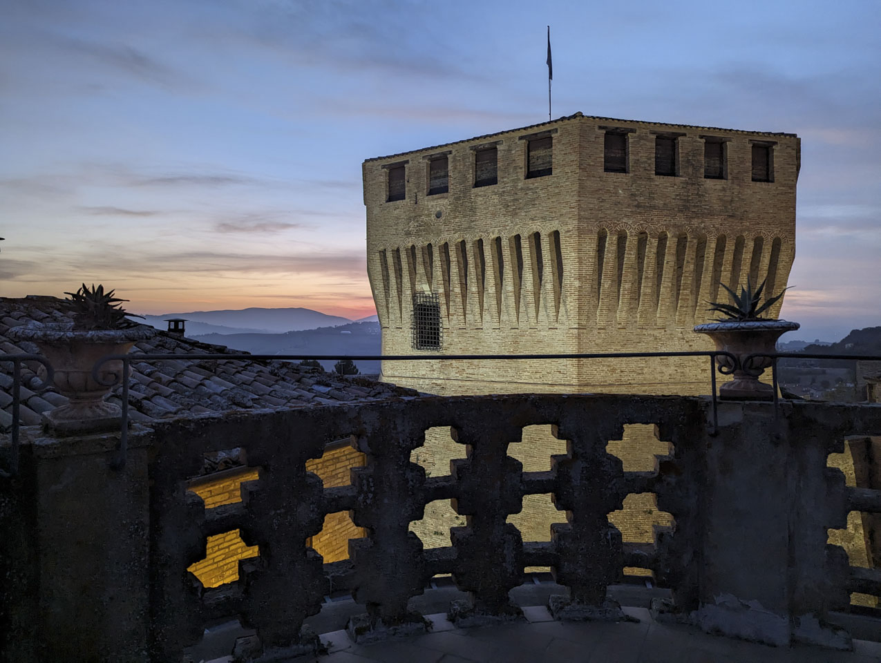 A late sunset view of the Mondavio Rocca