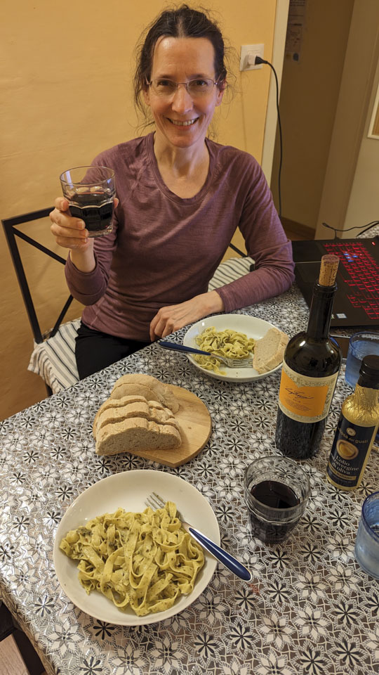 Anne with a meal of pasta