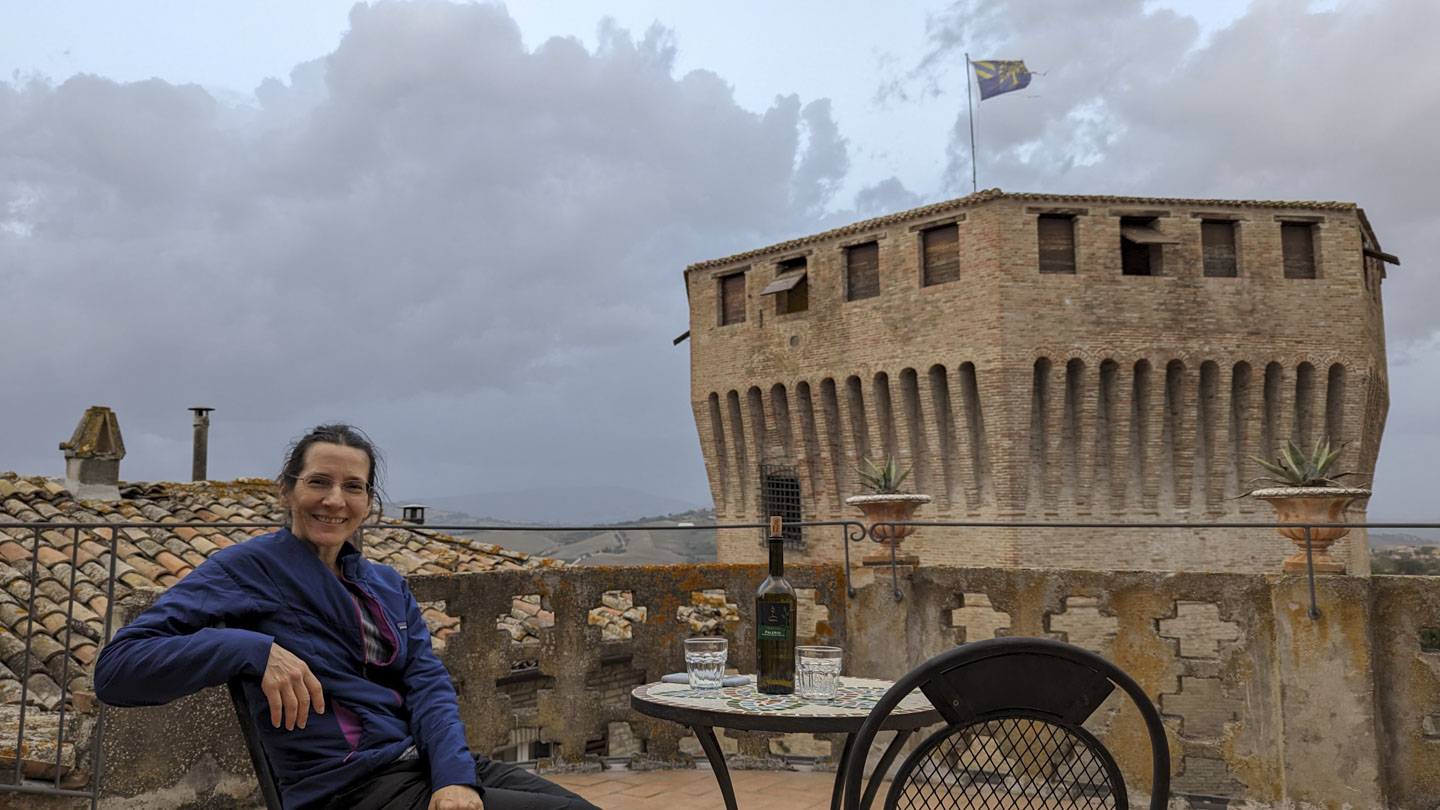 Anne on the terrace on a cool evening