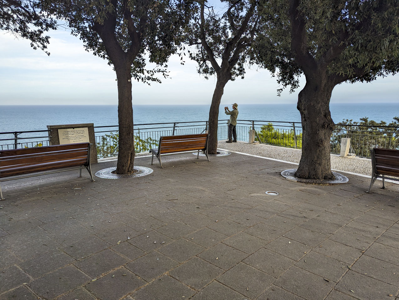 Paul is standing at the corner of the park. The land drops off on the other side of a fence. He is holding his smartphone to take pictures.