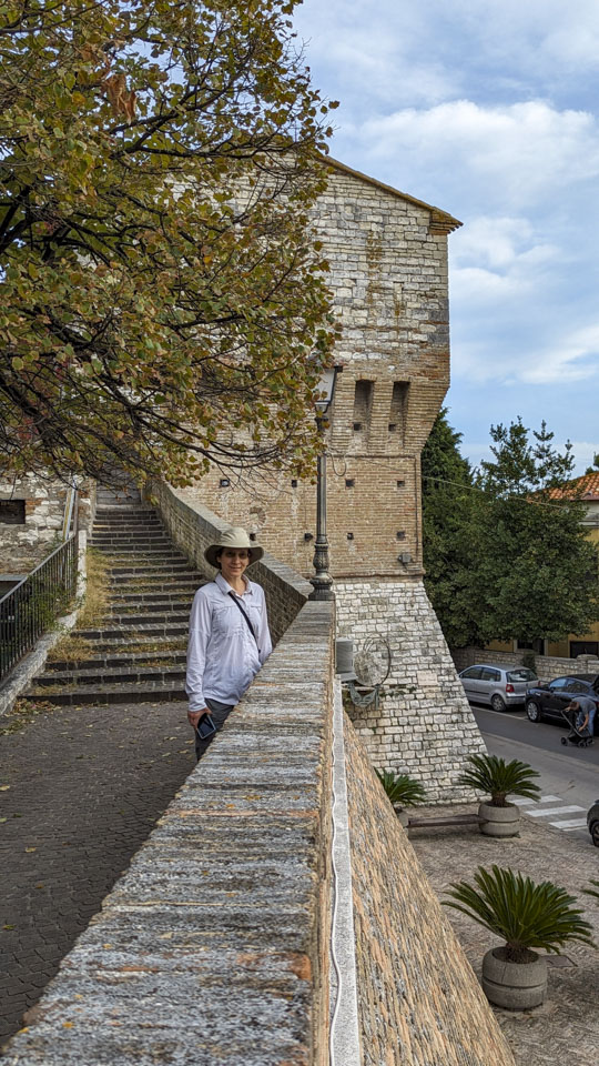 Anne is standing on a walkway next to the exterior wall of the city center. Above her head are branches of a tree where the leaves are starting to turn yellow. Behind her is a set of stairs leading to a building that is possibly a Rocca.