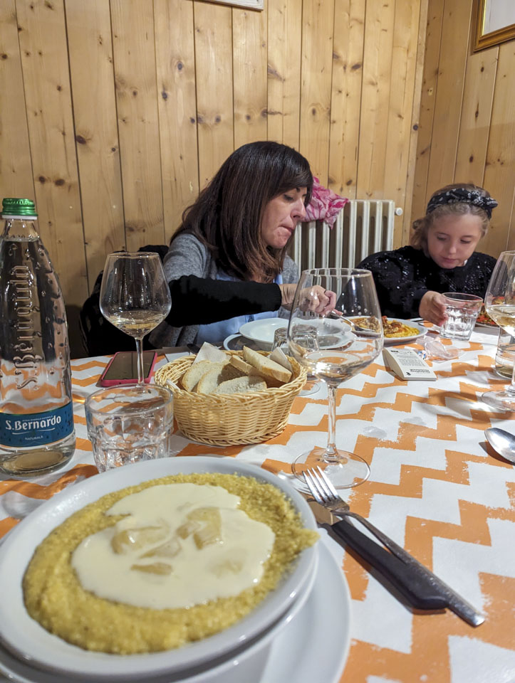 A bowl of polenta with some melted cheese on it plus some chunks of cheese.