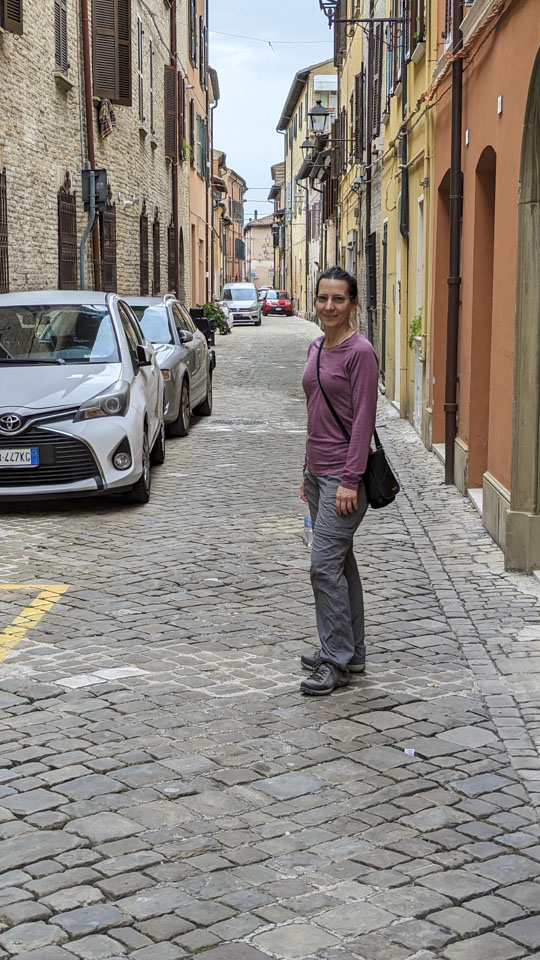 Anne standing on a narrow cobblestone street with buildings rising on both sides.