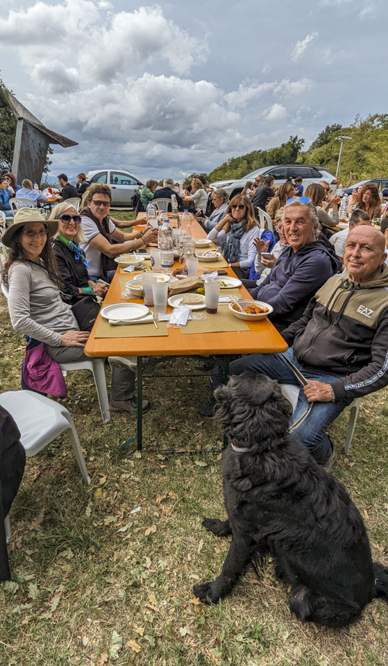 A long orange folding table with people sitting on each side, and food on the table. It is one a lawn.