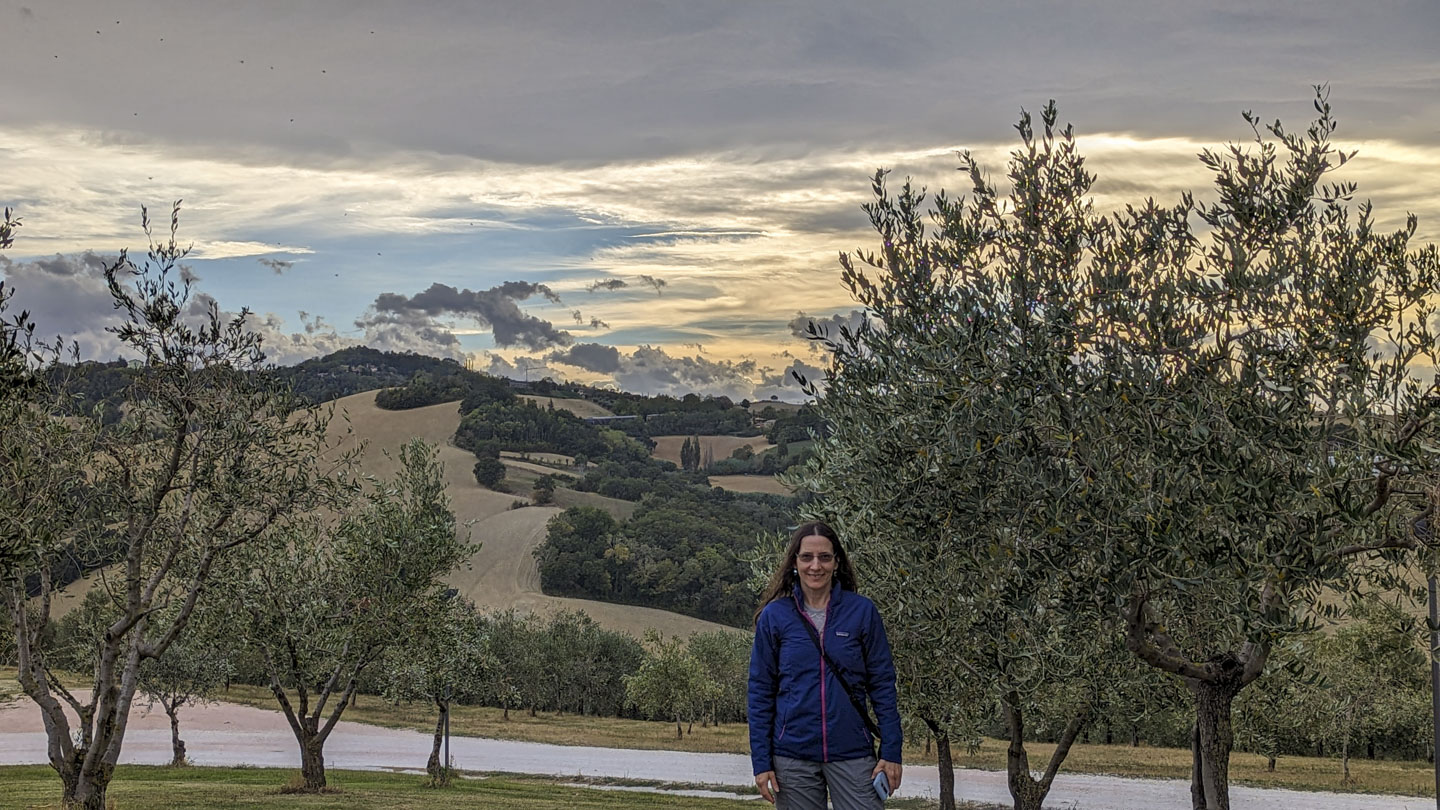 Anne is standing in front of an olive tree. The trees look rather young. An early evening sky is visible.