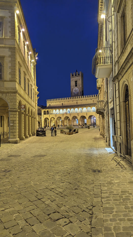 Piazza del Popolo in Offida at dusk