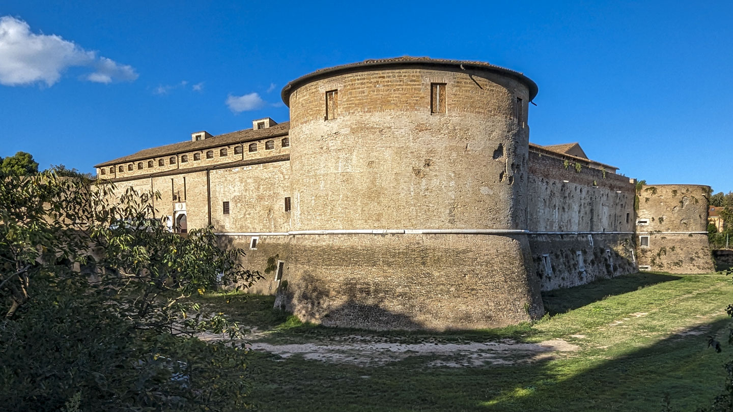 A photo looking directly at one of the round towers.