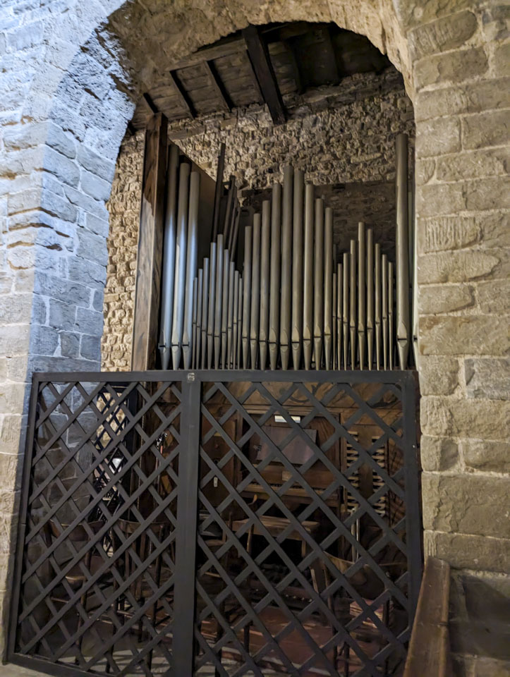 A stone archway with a black grated fence across the bottom half. Through the archway silver organ pipes can be seen and a dark wood organ.