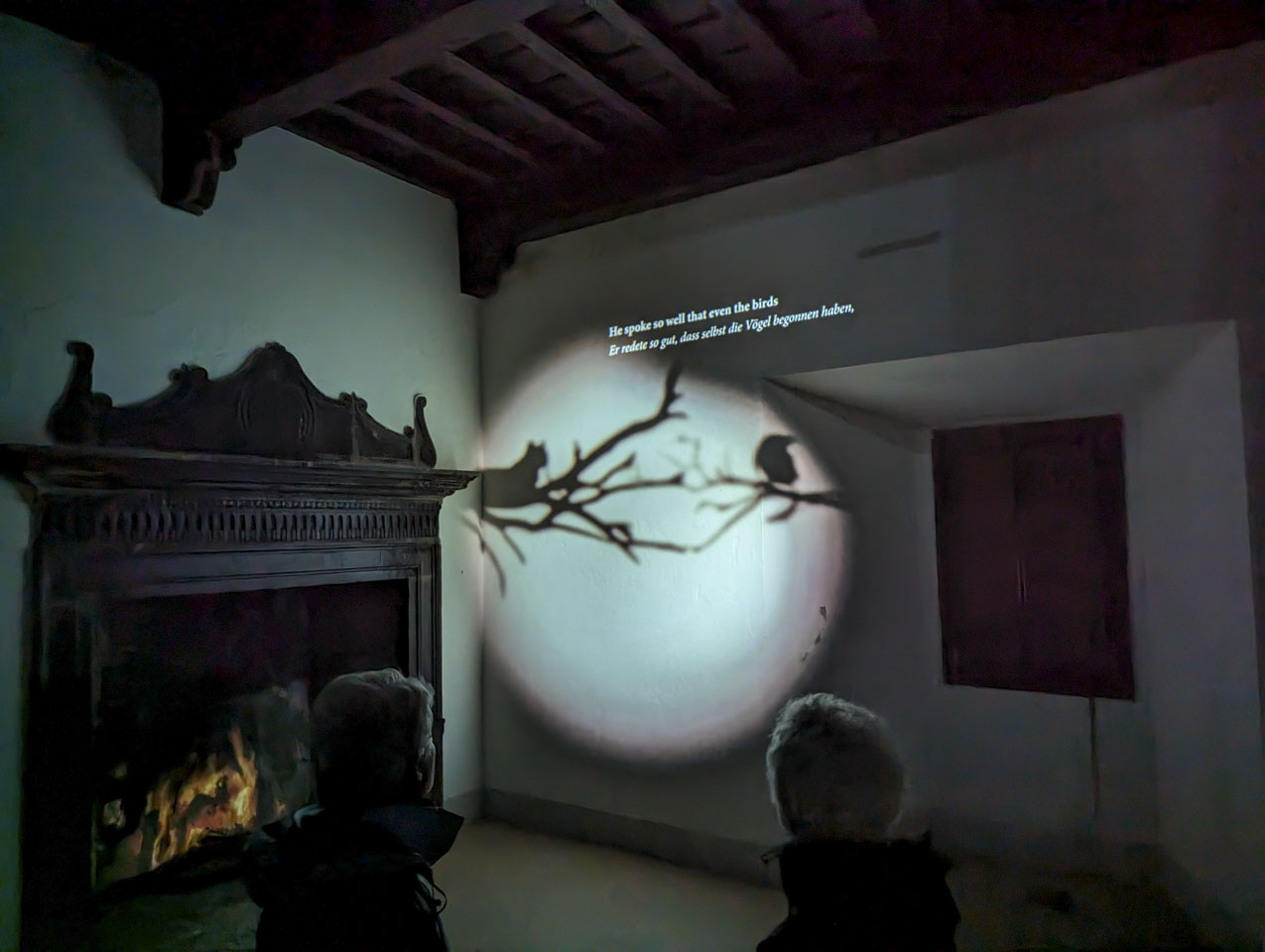 An interior room with a fireplace, plain walls, wood ceiling and shuttered window. It is dark. An artificial fire is on in the fireplace. On the wall is projected an image of a cat on a tree branch and a bird on another branch. Text reads 'He spoke so well that even the birds'.