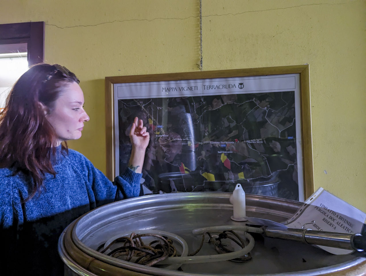 Leanore standing in front of a map of their vineyard, with a metal container for wine in the foreground