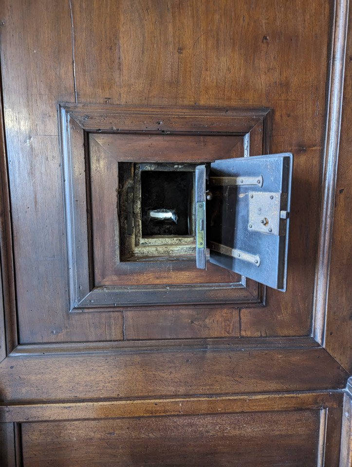 The back of the complaint box, showing a door that could be secured.