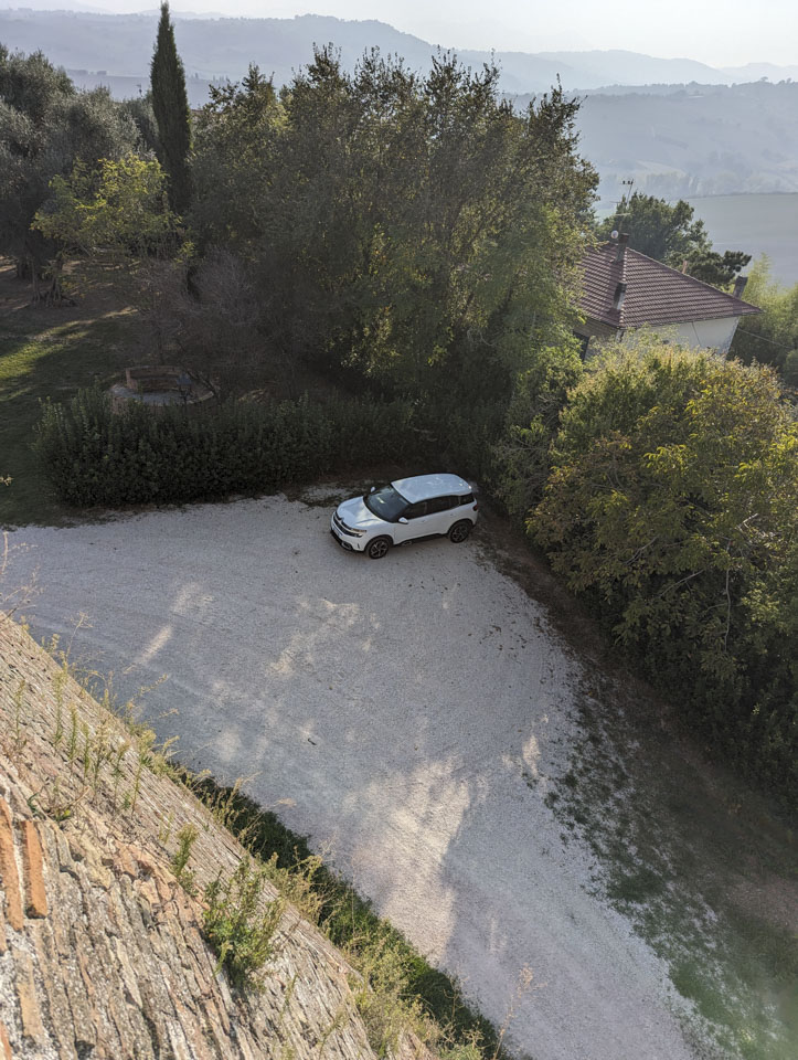 Our rental car, seen from behind the city walls.