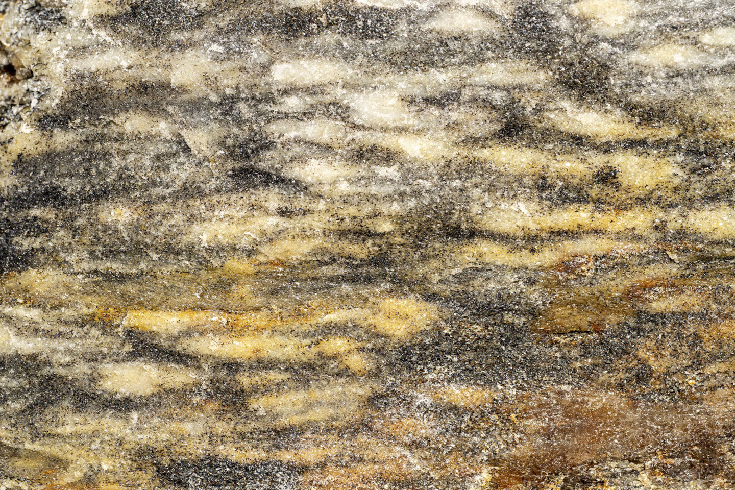 This rock has long splashes of color between black outlines. The color goes from white at the top, to yellow, then dark red.