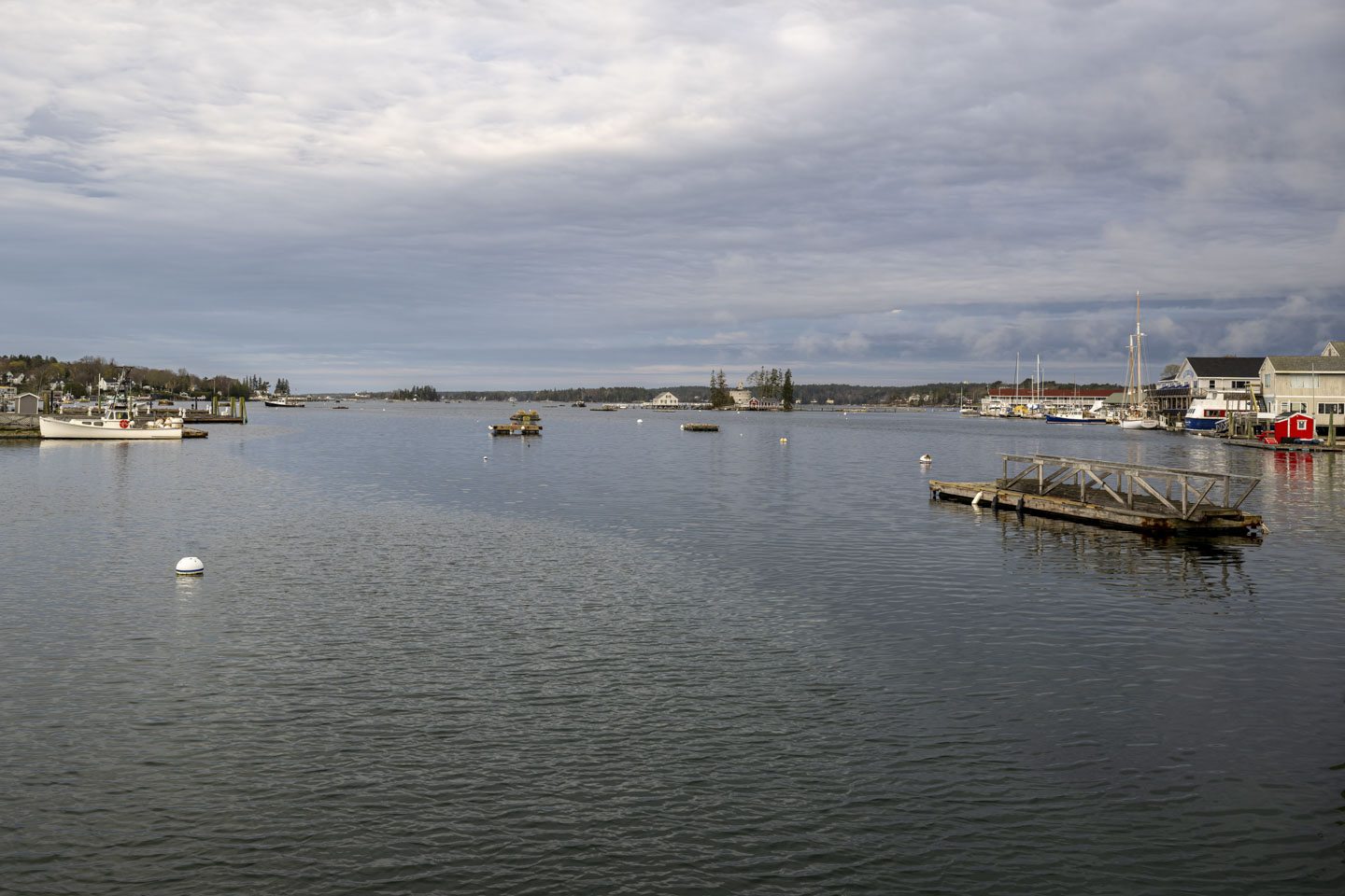 Looking at the harbor that has some floats in it and various buildings and boats along both edges. 