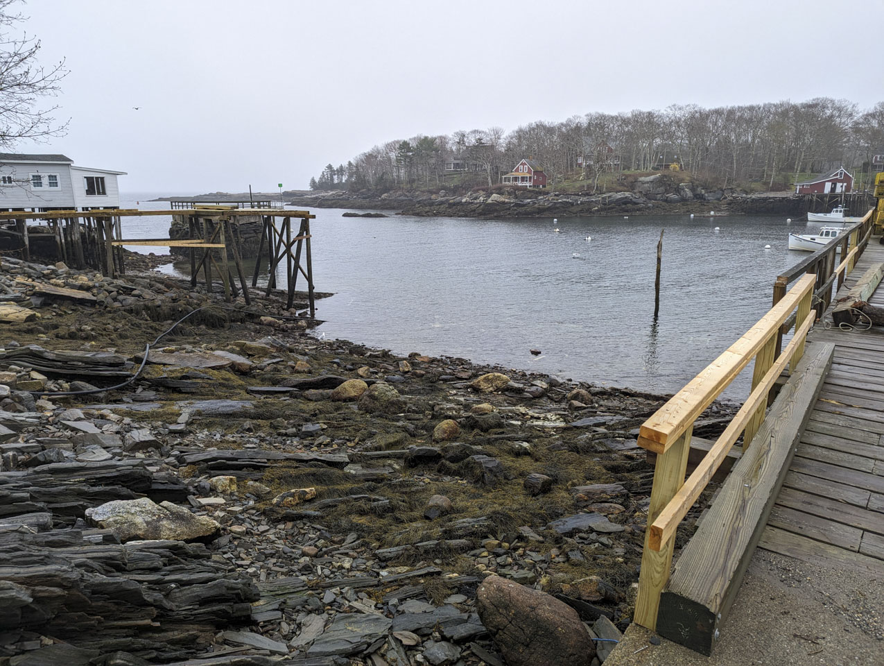 We are looking down a rocky wet slope to a harbor, with a pier that has a new wood fence.