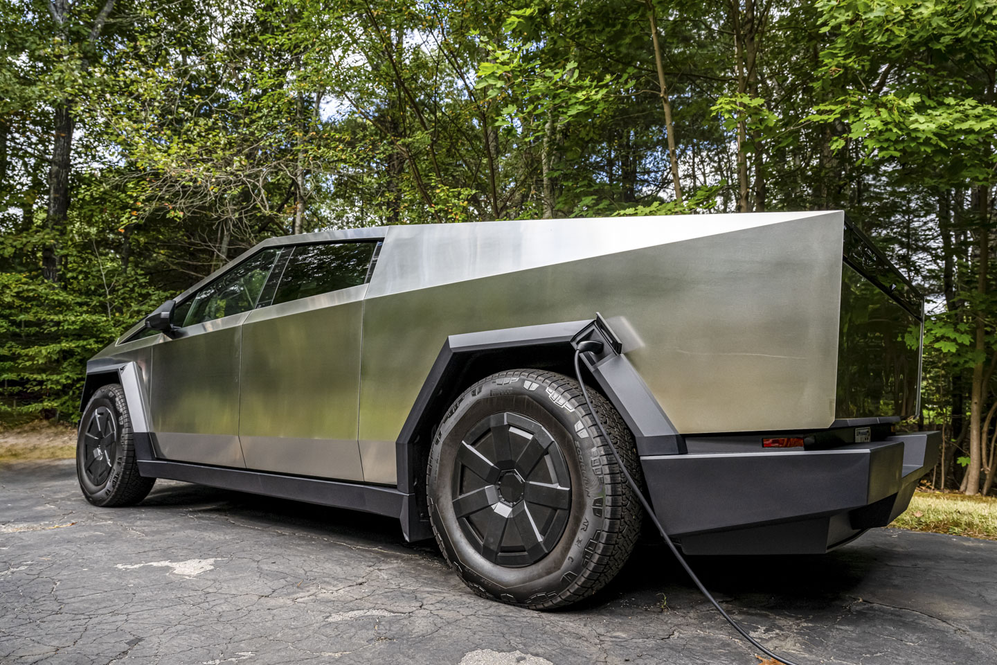 Looking from the rear up to the front of the Cybertuck, with a charger plugged in.