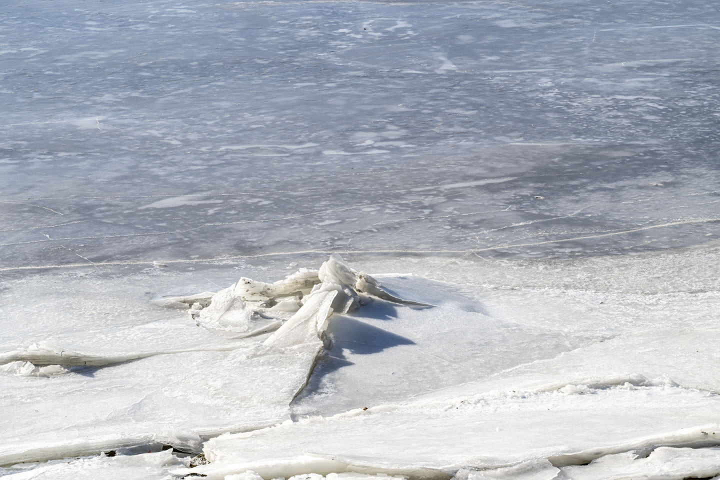 Smooth ice has a section with broken plates in front of it.