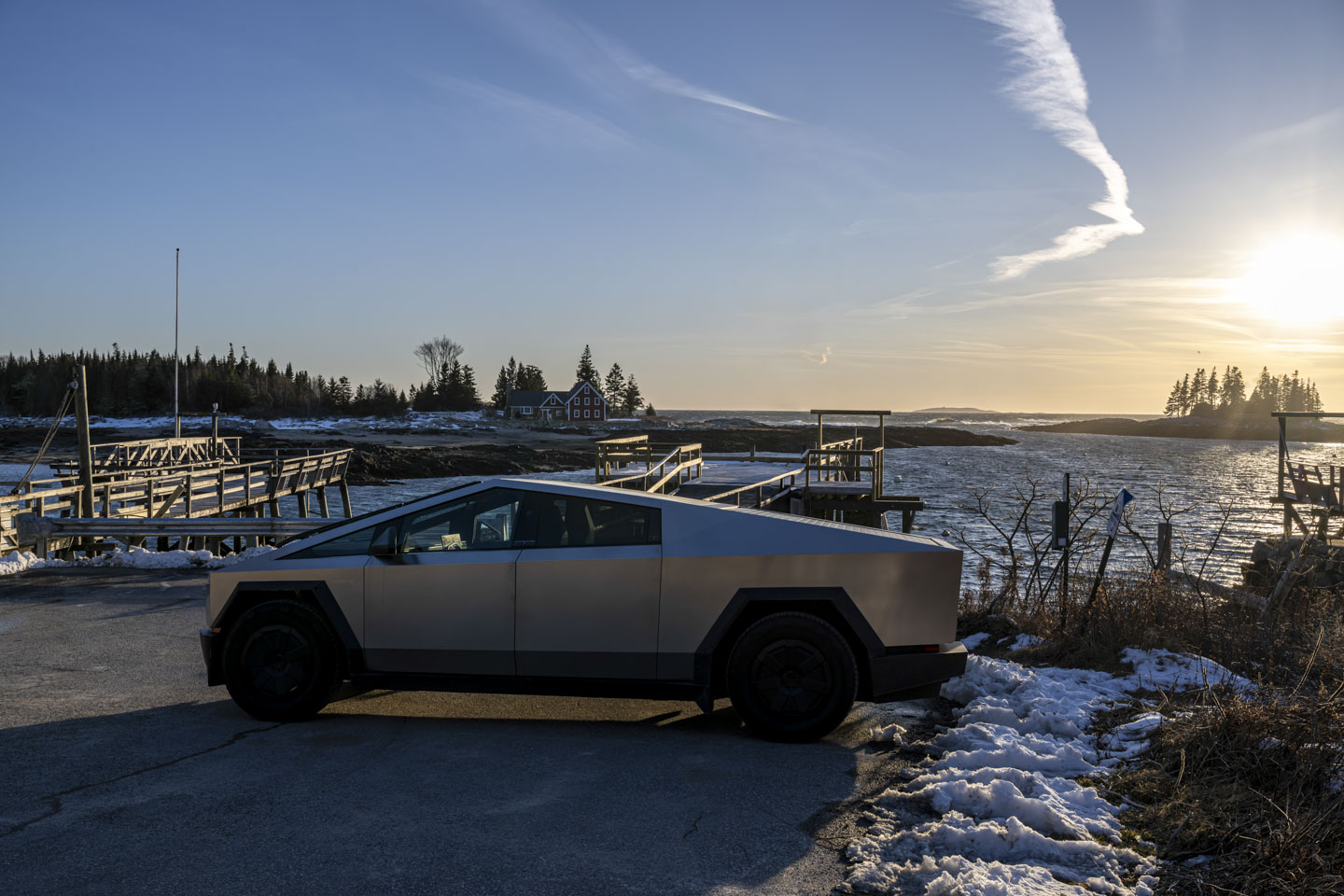 A Cybertruck is parked at Newagen Town Landing. 