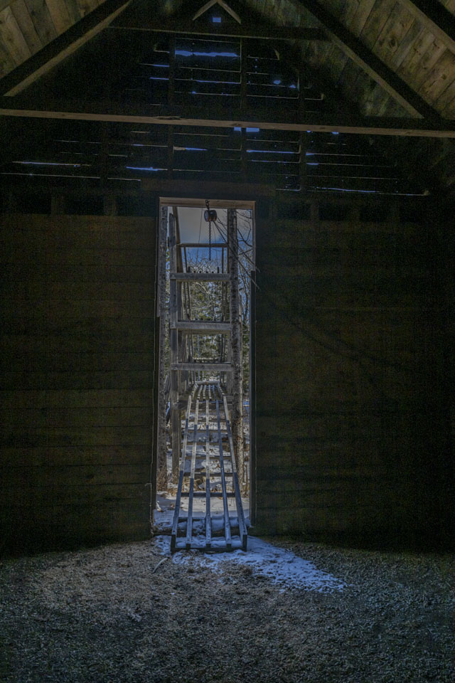 Looking out from inside the barn, the ramp can clearly be seen positioned for the lowest level.