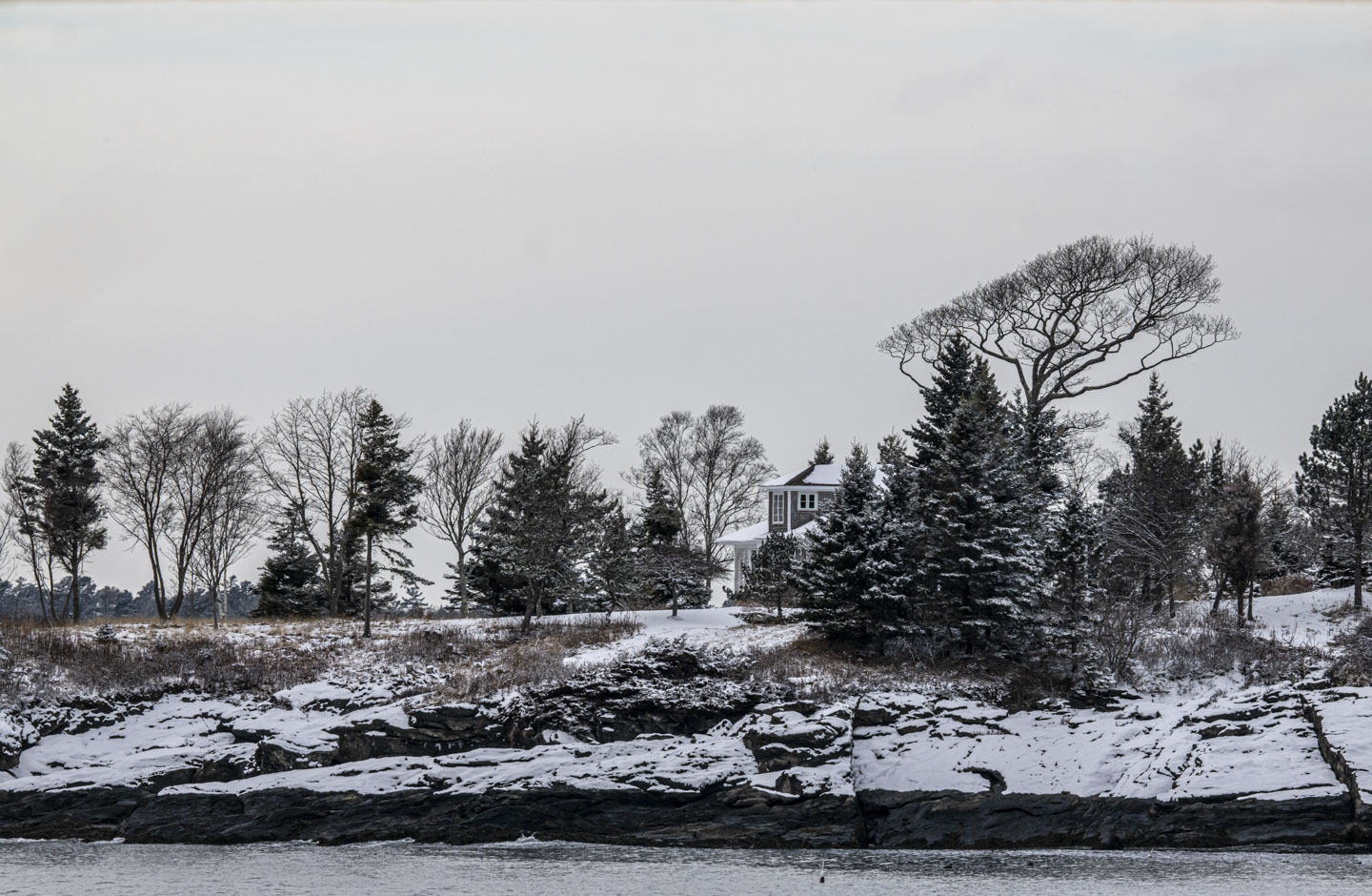 Water is in front of some snow-covered land, with trees and a house.