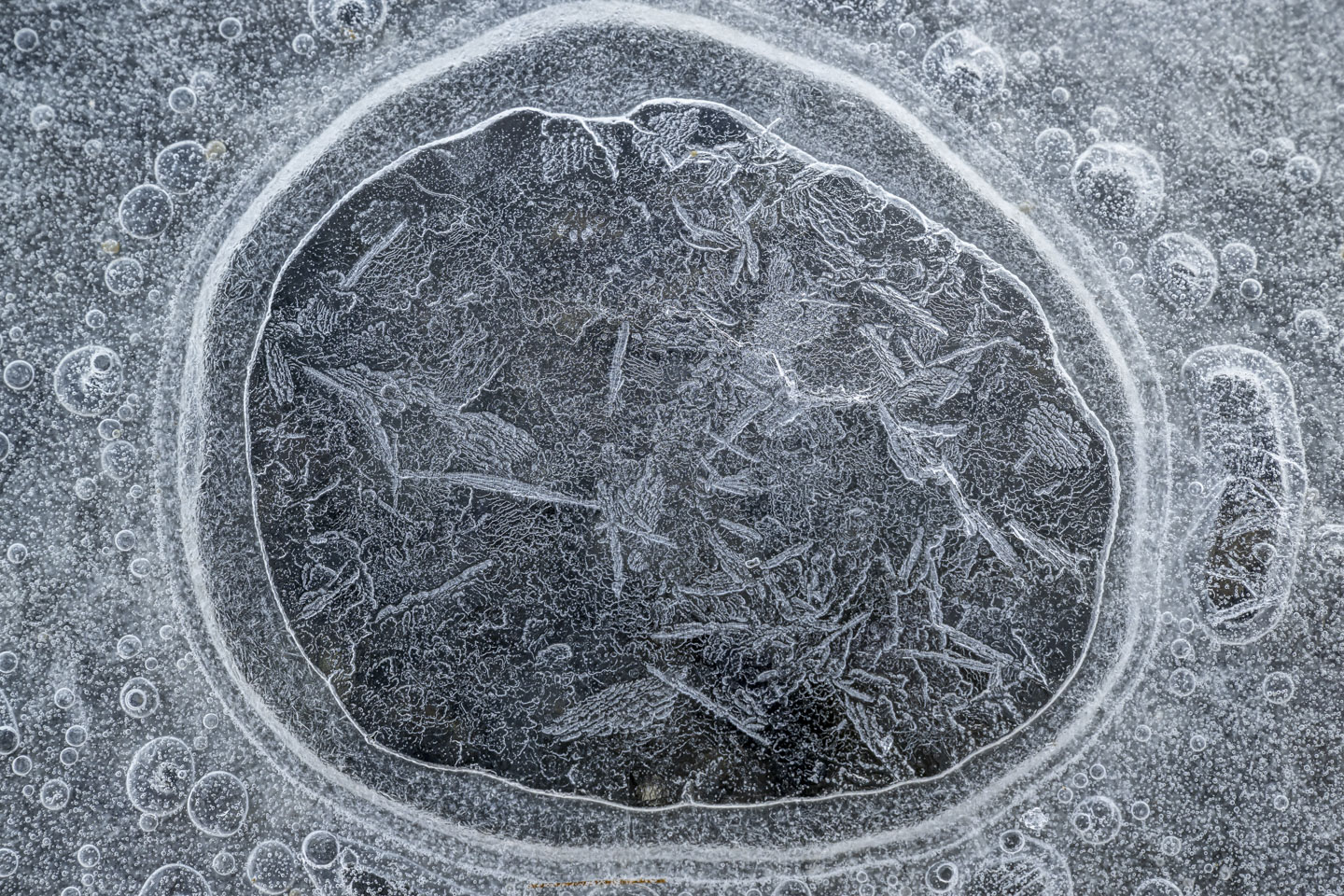 Air has created a circular pattern within the ice.