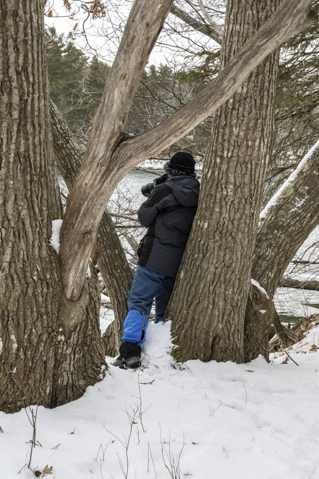 Anne is leaning on a tree and taking a picture.