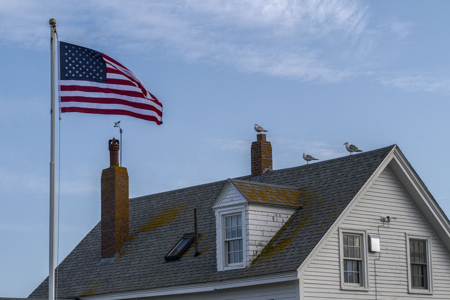 The roof of the light keeper house has 3 gulls on it, and the flag stands straight out in the wind.