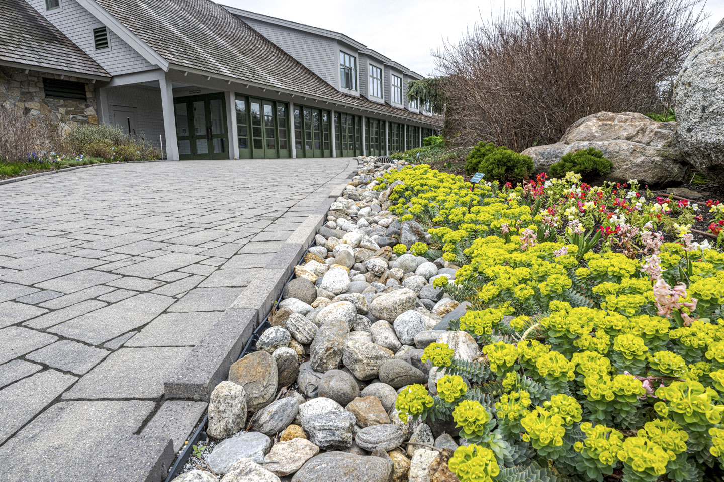 Looking down a walkway with plants along the side, ending at the entrance building.