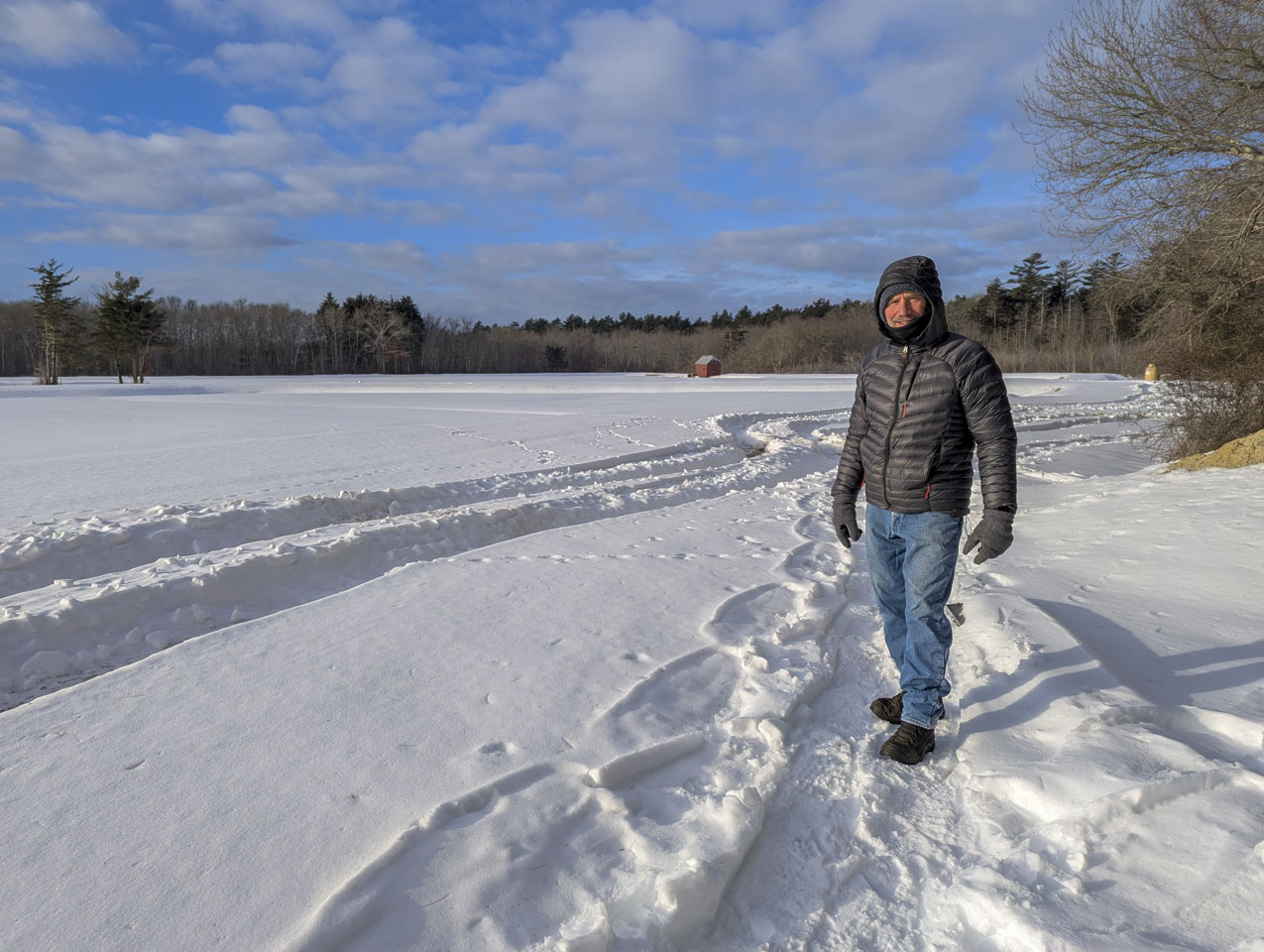 Man in a black puffer jacket standing on a snowy path beside the cranberry bog, with a small red shed in the distance