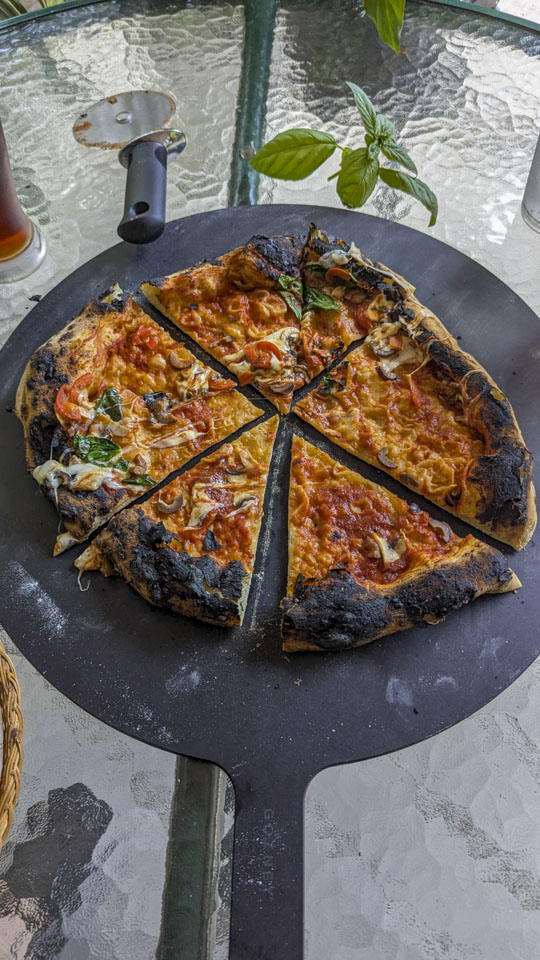 A messy looking pizza with a few toppings scattered over the top.