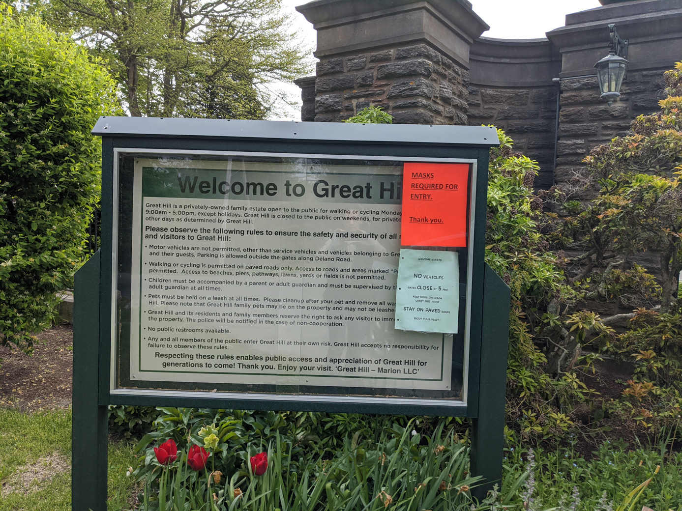 The large sign greeting guests at the entrance to Great Hill in Marion
