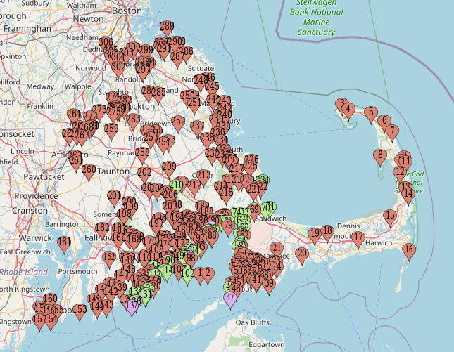 Map showing many preserves in southeast Massachusetts